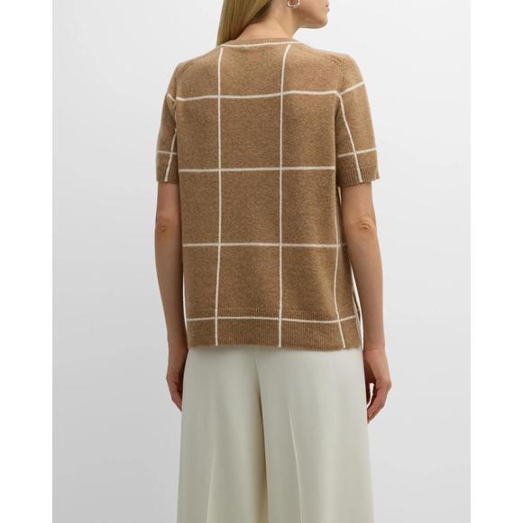 NEW LAFAYETTE 148 cashmere grid intarsia short-sleeve pullover in camel multi - Picture 2 of 3